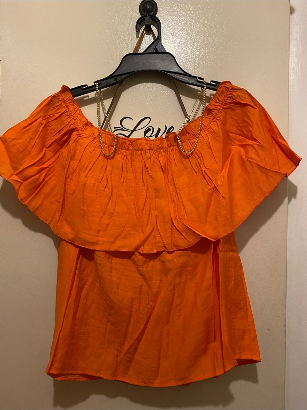 Bight Coral off-the-shoulder top With layered ruffle overlay & Chain Strap
